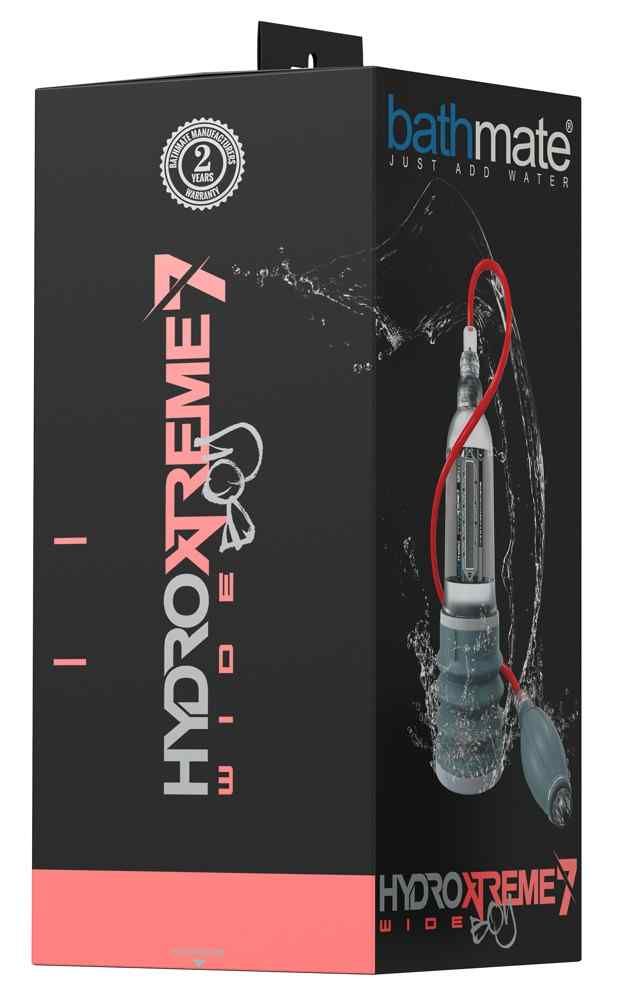 Confezione del prodotto nera con immagine del prodotto. Scritta HYDROXTREME 7 WIDE. Marchio Bathmate. 2 anni di garanzia.