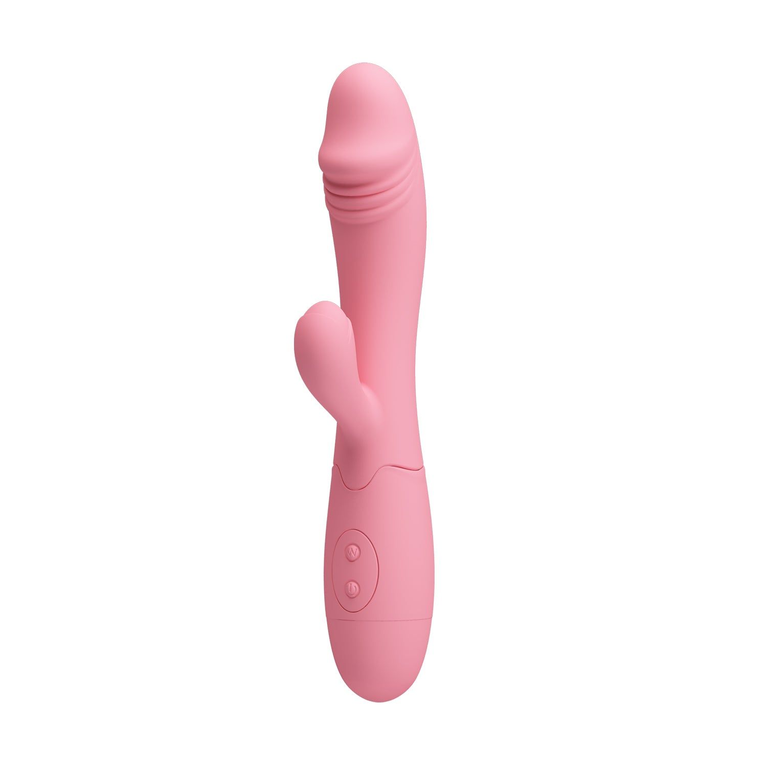 Vibratore rosa, forma curva. Due pulsanti sull'impugnatura. Materiale siliconico.