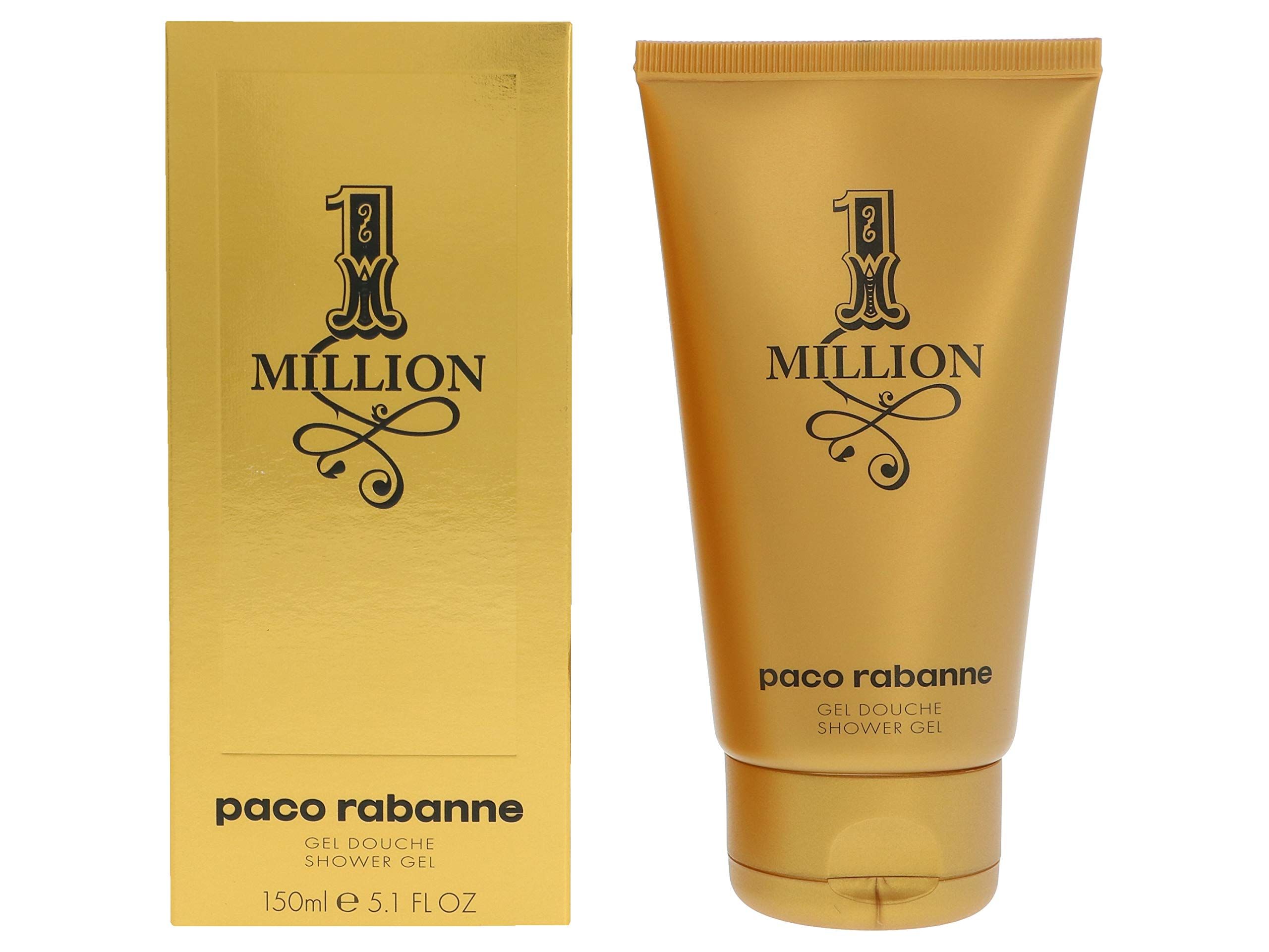 Tubo e scatola dorati. Sul tubo: "1 Million", "paco rabanne", Gel Douche/Shower Gel. Sulla scatola: "1 Million".