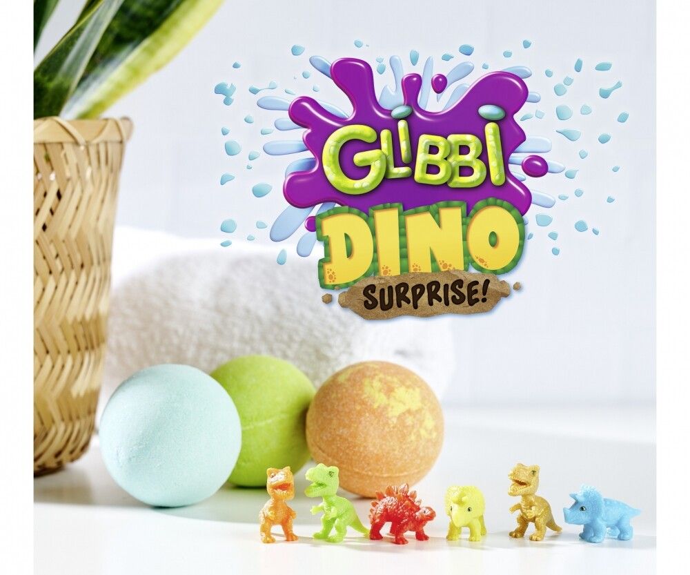 Glibbi Dino Sorpresa: bombe da bagno e figure di dinosauri. Vari colori e forme.