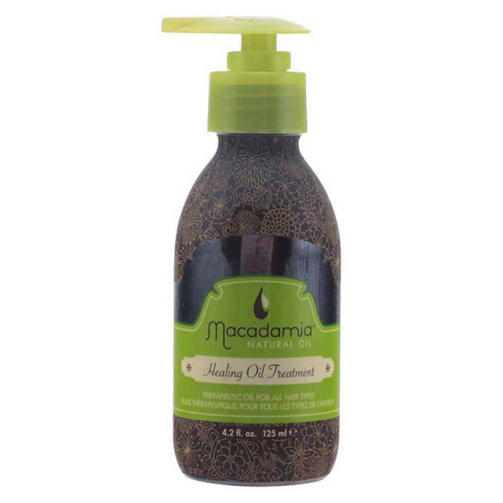 Bottiglia marrone con erogatore verde. Scritta: Macadamia Natural Oil Healing Oil Treatment.