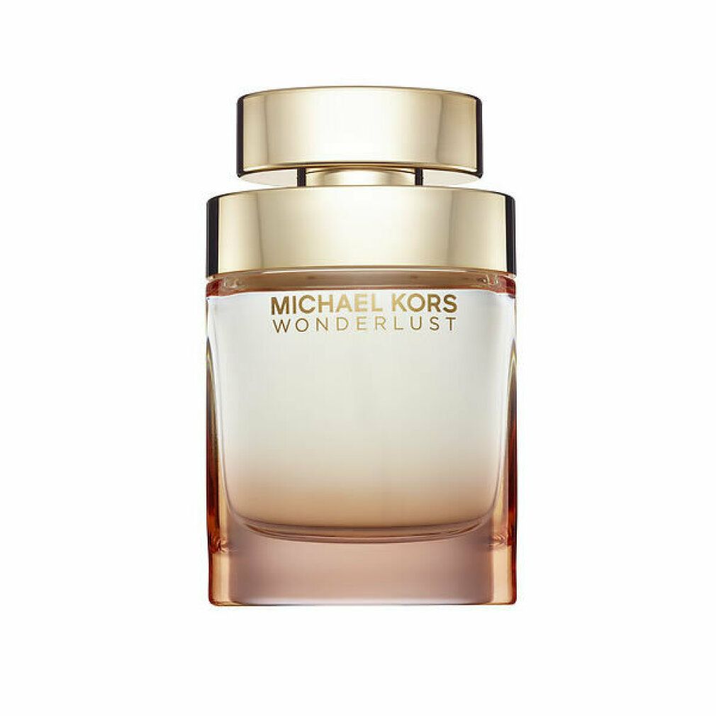 Michael Kors Wonderlust Edp Spray. Flacone con tappo dorato, sfumatura rosa. Scritta sul flacone.