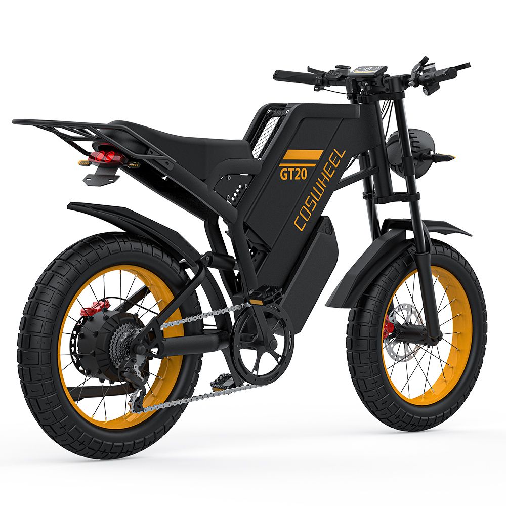 E-bike nera con cerchi gialli. Scritta COSWHEEL GT20. Pneumatici larghi, faro, portapacchi.