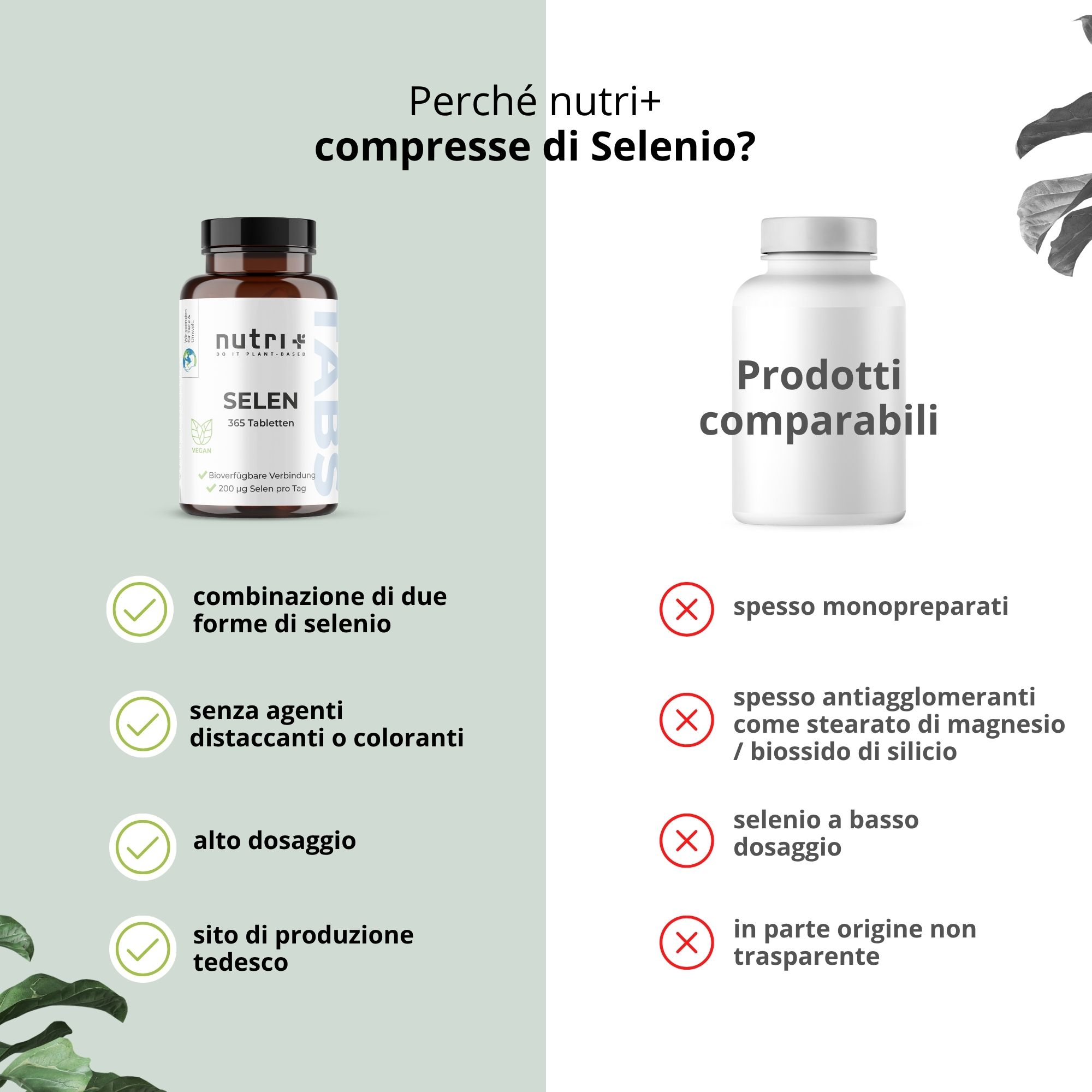 Confronto: compresse nutri+ Selenio vs. prodotti simili. Vantaggi: combinazione, senza additivi, alto dosaggio.