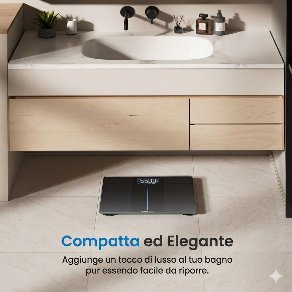 Bilancia digitale. Design nero. Sul pavimento del bagno. Design compatto ed elegante.