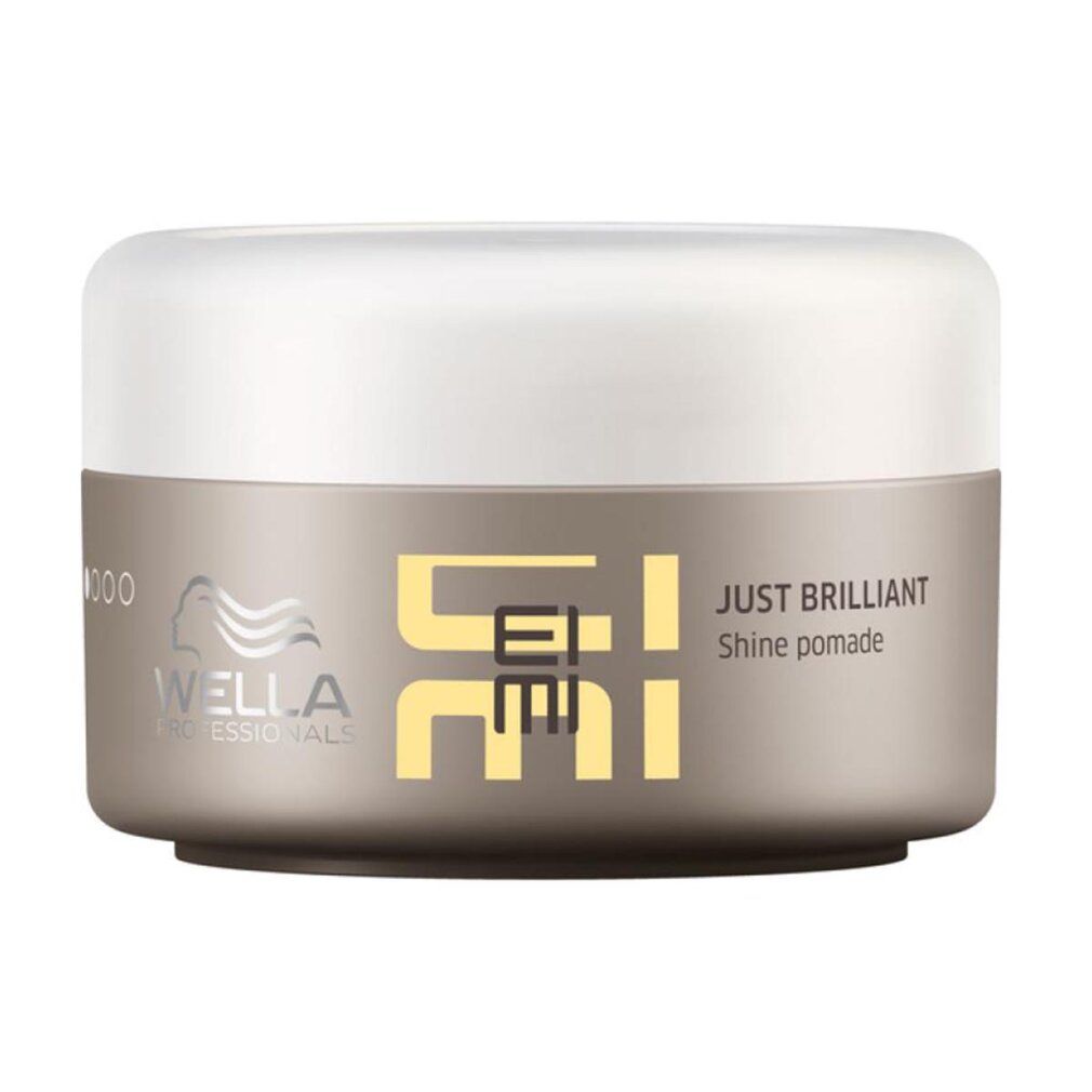 Un barattolo marrone con coperchio bianco, etichettato "Wella Professionals EIMI JUST BRILLIANT Shine pomade".