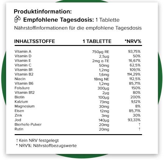 Tabella nutrizionale per multivitaminici. Ingredienti, quantità per compressa, %VNR. Contiene vitamine, minerali, polvere di lievito di birra e rutina.