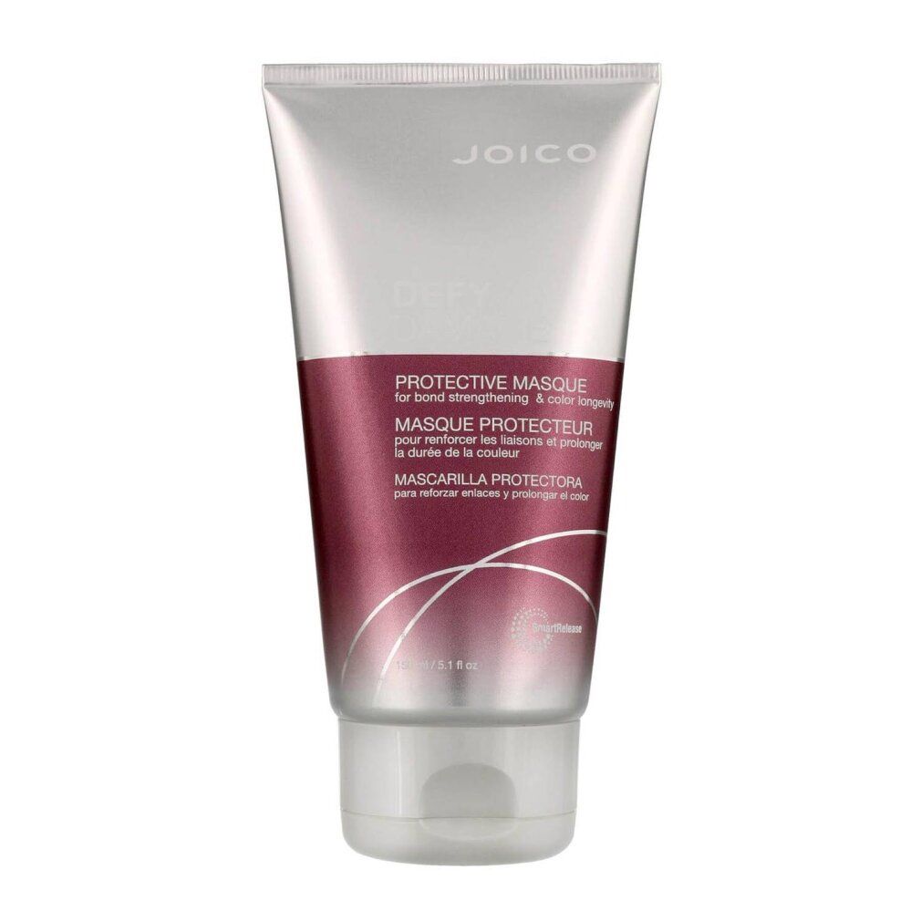 Tubo Joico Defy Damage Masque. Argento, accento viola. Testo: Protective Masque, Masque Protecteur, Mascarilla Protectora.