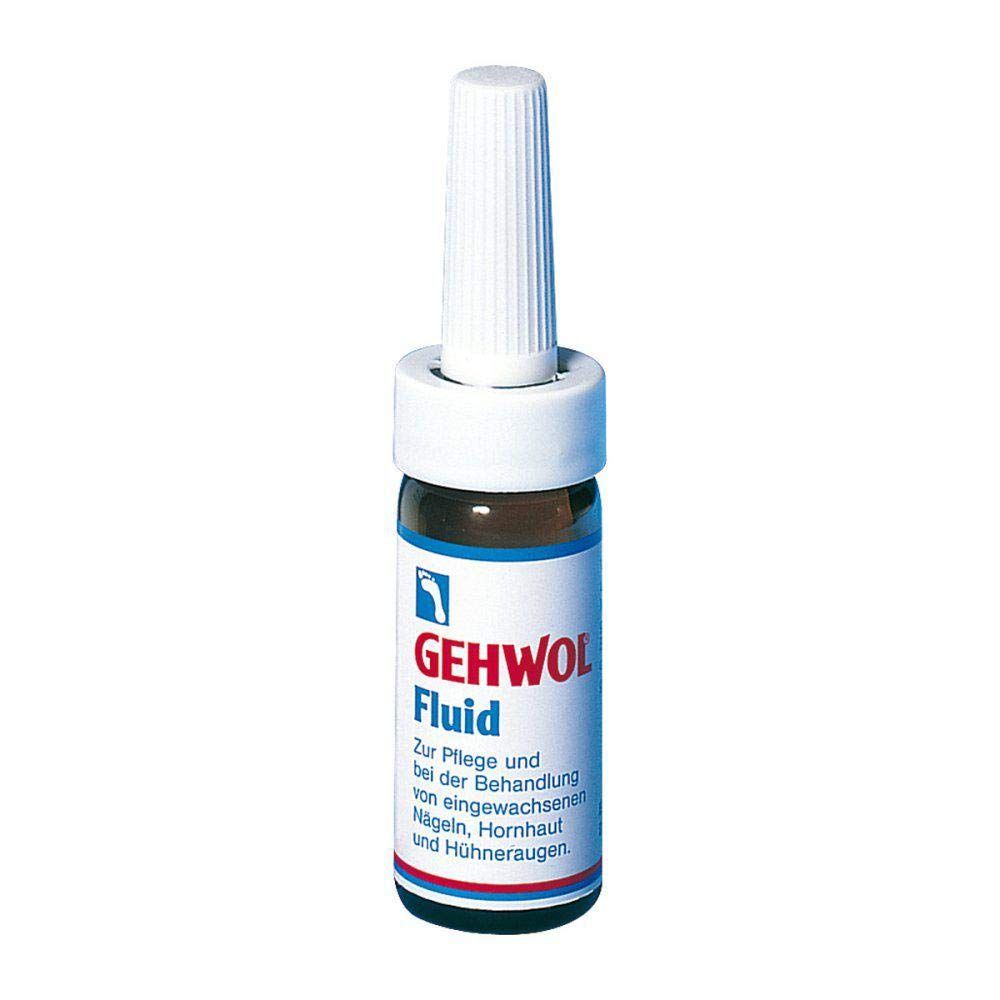 Flacone Gehwol Fluid con applicatore bianco. Bottiglia di vetro marrone. Testo: Gehwol Fluid, cura per unghie incarnite, calli, duroni.