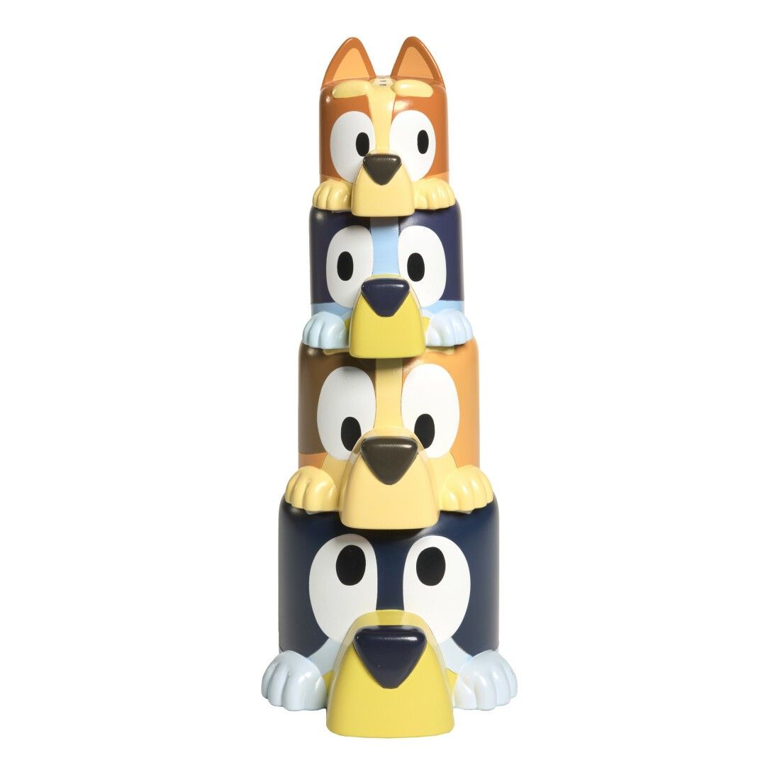 Giocattolo impilabile a forma di cane, quattro colori. Giallo, blu, marrone e arancione. TOMY Bluey.