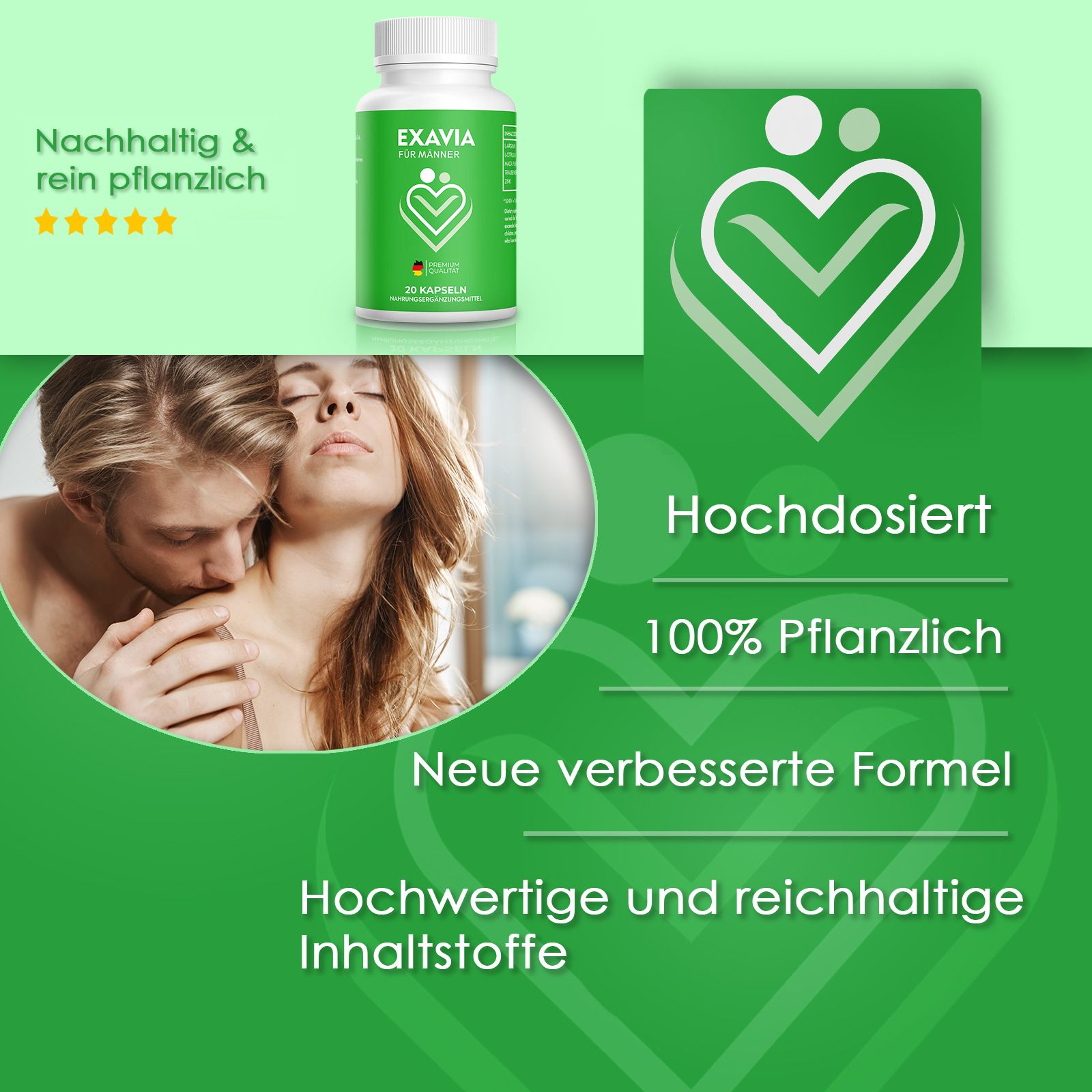 Flacone con etichetta verde. Testo: EXAVIA, logo, 20 capsule. Testo: Sostenibile e vegetale, Ad alto dosaggio, 100% vegetale.