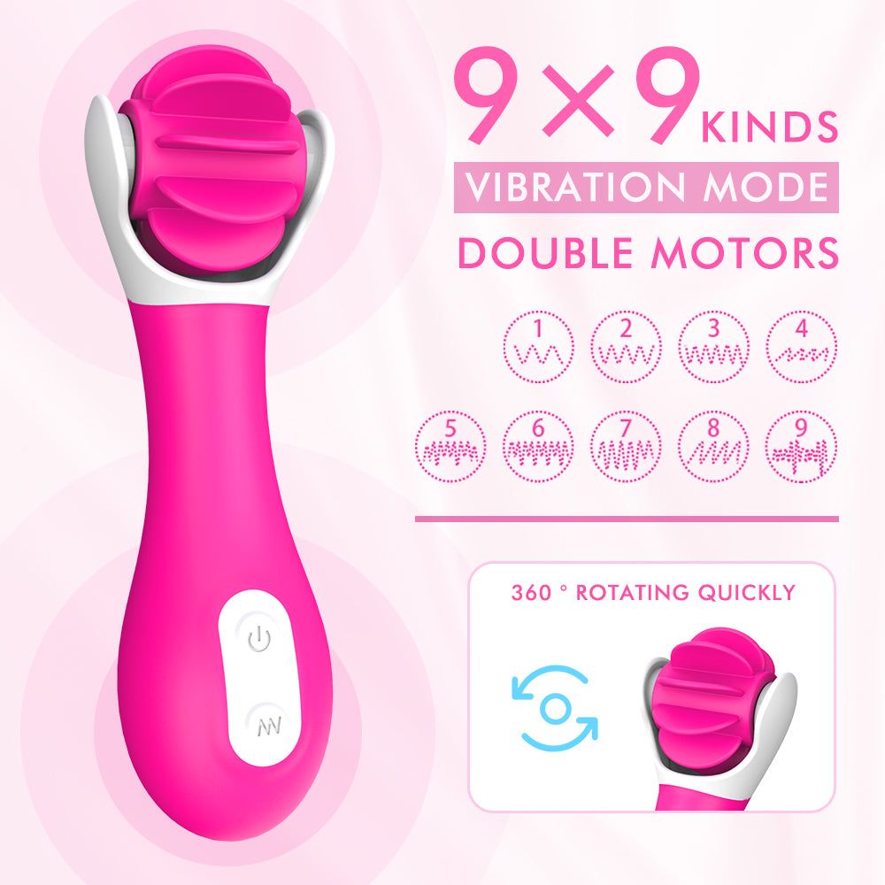 Vibratore rosa con testa bianca. Testo: 9x9 modalità di vibrazione, doppi motori. Diverse modalità.