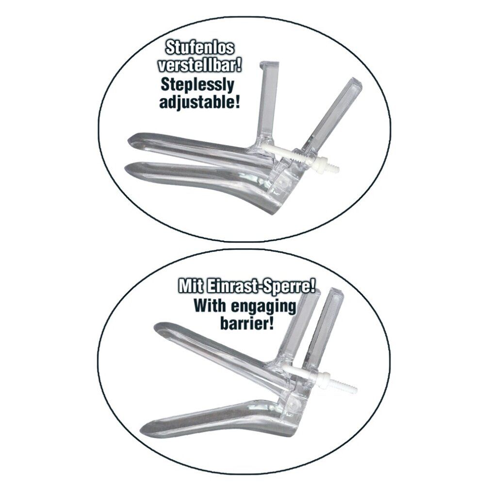 Due illustrazioni di uno strumento medico. Scritte: 'Regolabile in continuo!' e 'Con blocco!' Struttura in plastica trasparente.