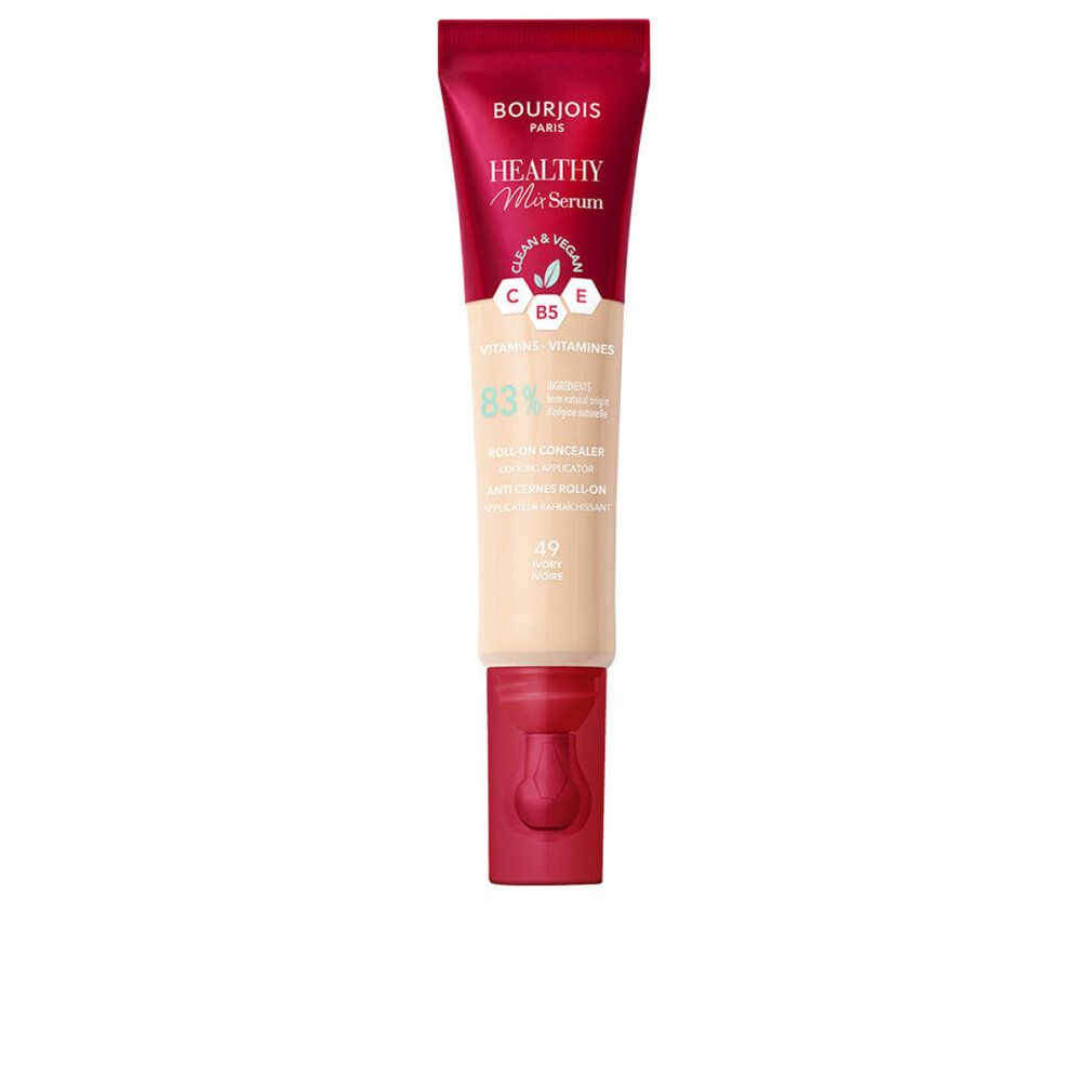 Correttore liquido in tubo. Design rosso-bianco. Scritta: Bourjois, Healthy Mix Serum, Vitamina E, B5. Tonalità: 49-Avorio.