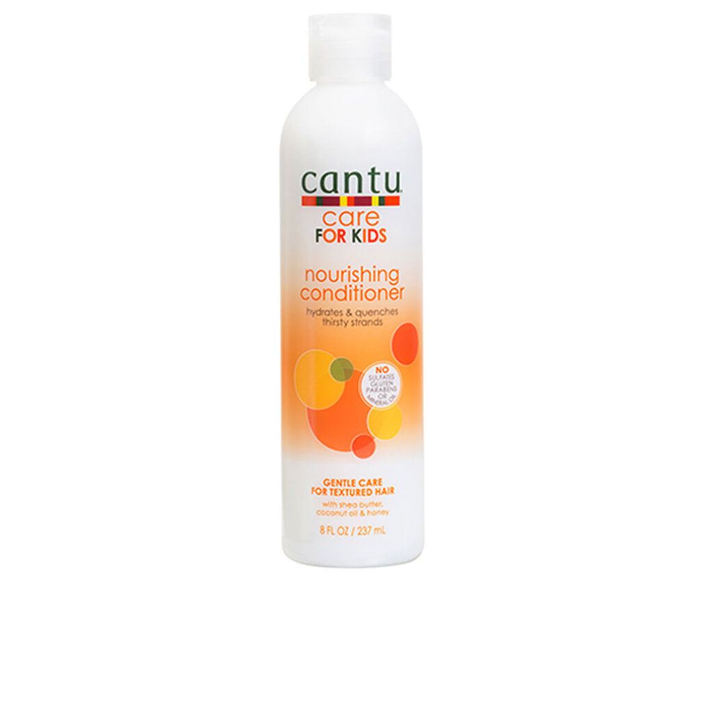 Flacone bianco Cantu Care For Kids. Etichetta con cerchi arancioni e gialli. Testo: Nourishing Conditioner.