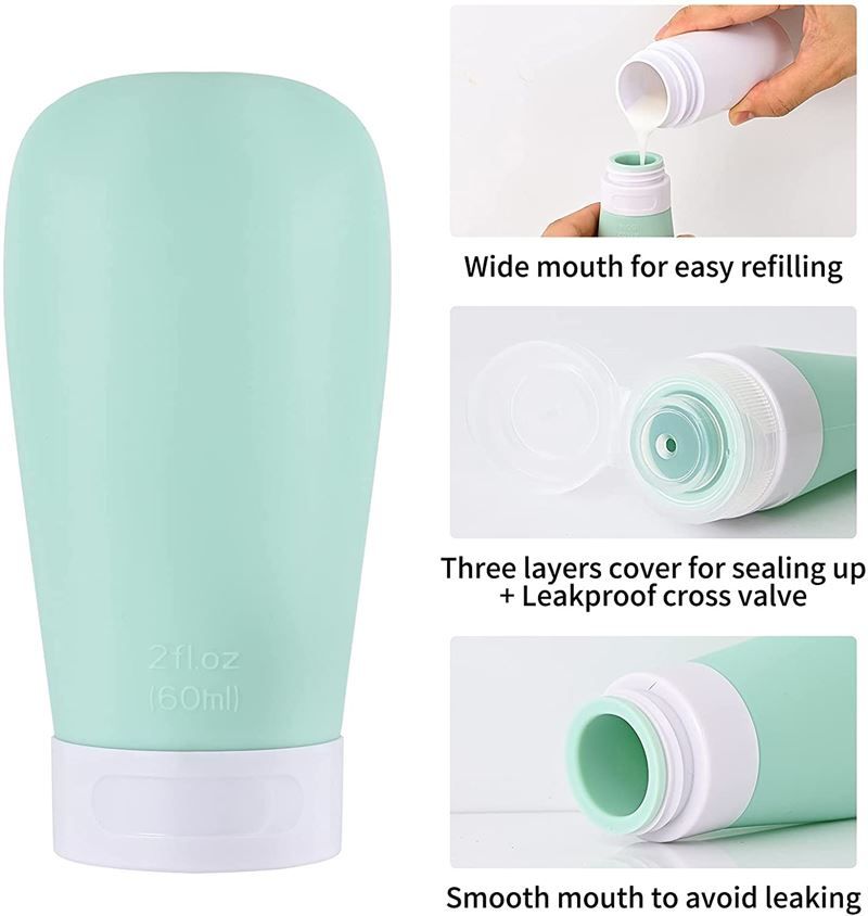 Flacone da viaggio verde con coperchio bianco. Testo: 2 fl oz (60 ml). Illustrazioni: apertura ampia, triplo strato, apertura liscia.