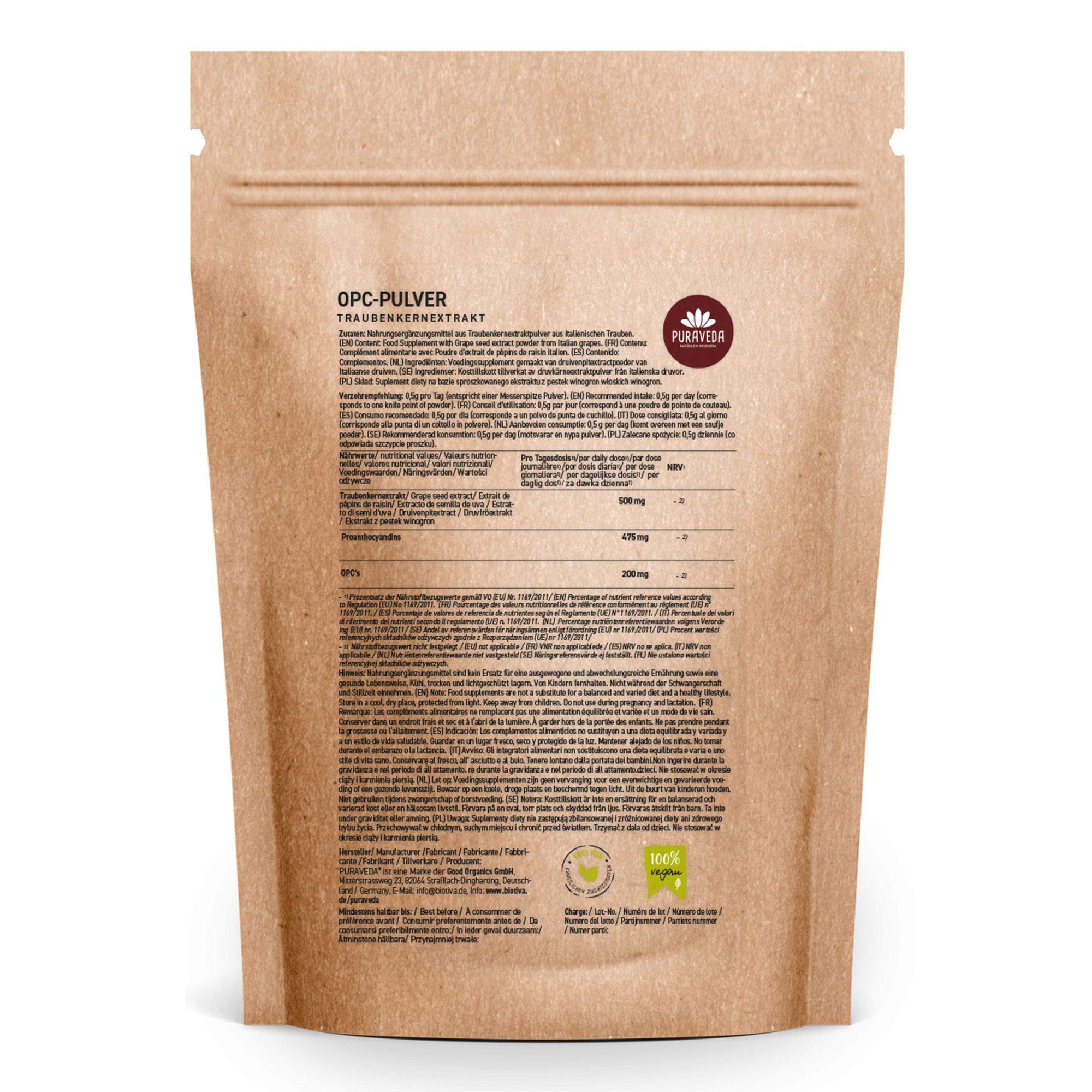 Retro di un sacchetto di carta marrone con informazioni sul prodotto e testo. Contiene informazioni sugli ingredienti e sui valori nutrizionali.