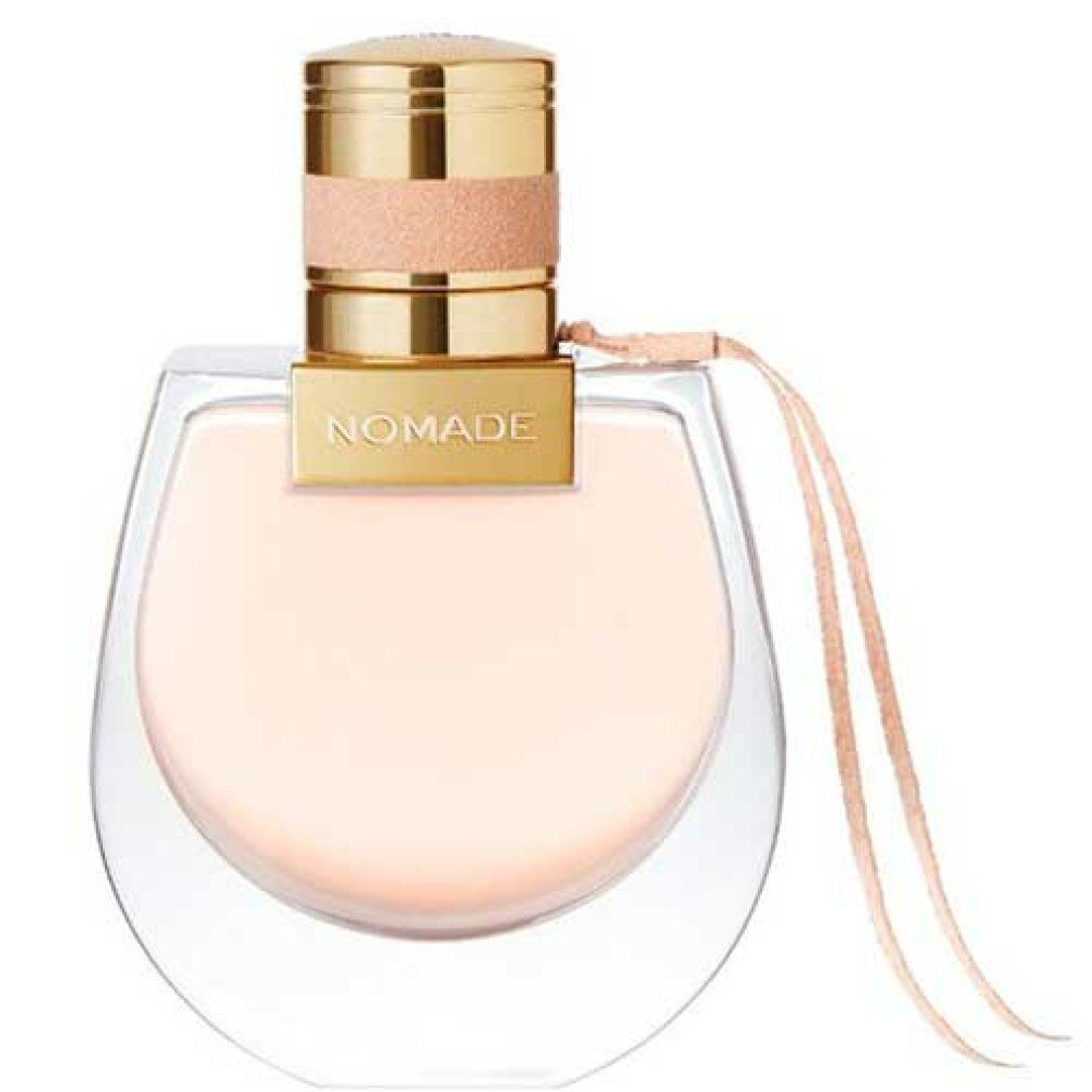 Flacone di profumo con tappo dorato e cinturino in pelle marrone. Scritta: Nomade.