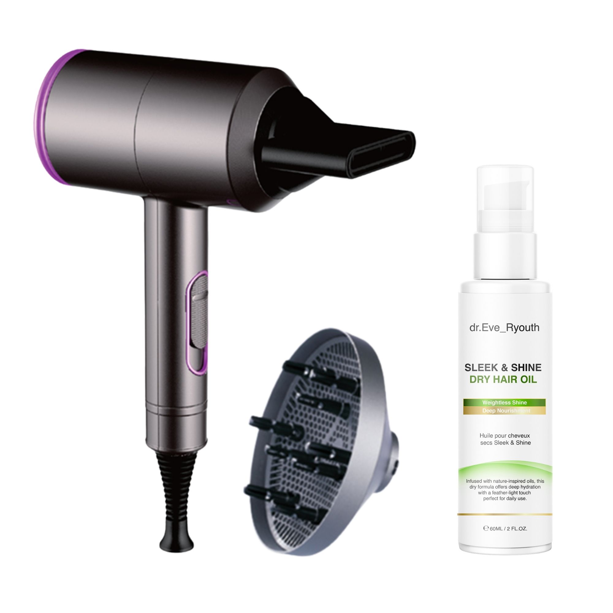 Dr Eve Ryouth Asciugacapelli Professionale con Olio per Capelli Secchi Sleek Shine