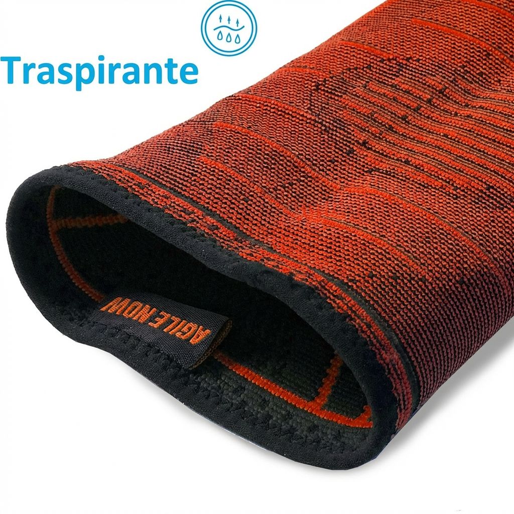 Persona che allaccia le scarpe. Indossa cavigliere nere e scarpe da ginnastica gialle. Bende con dettagli rossi.