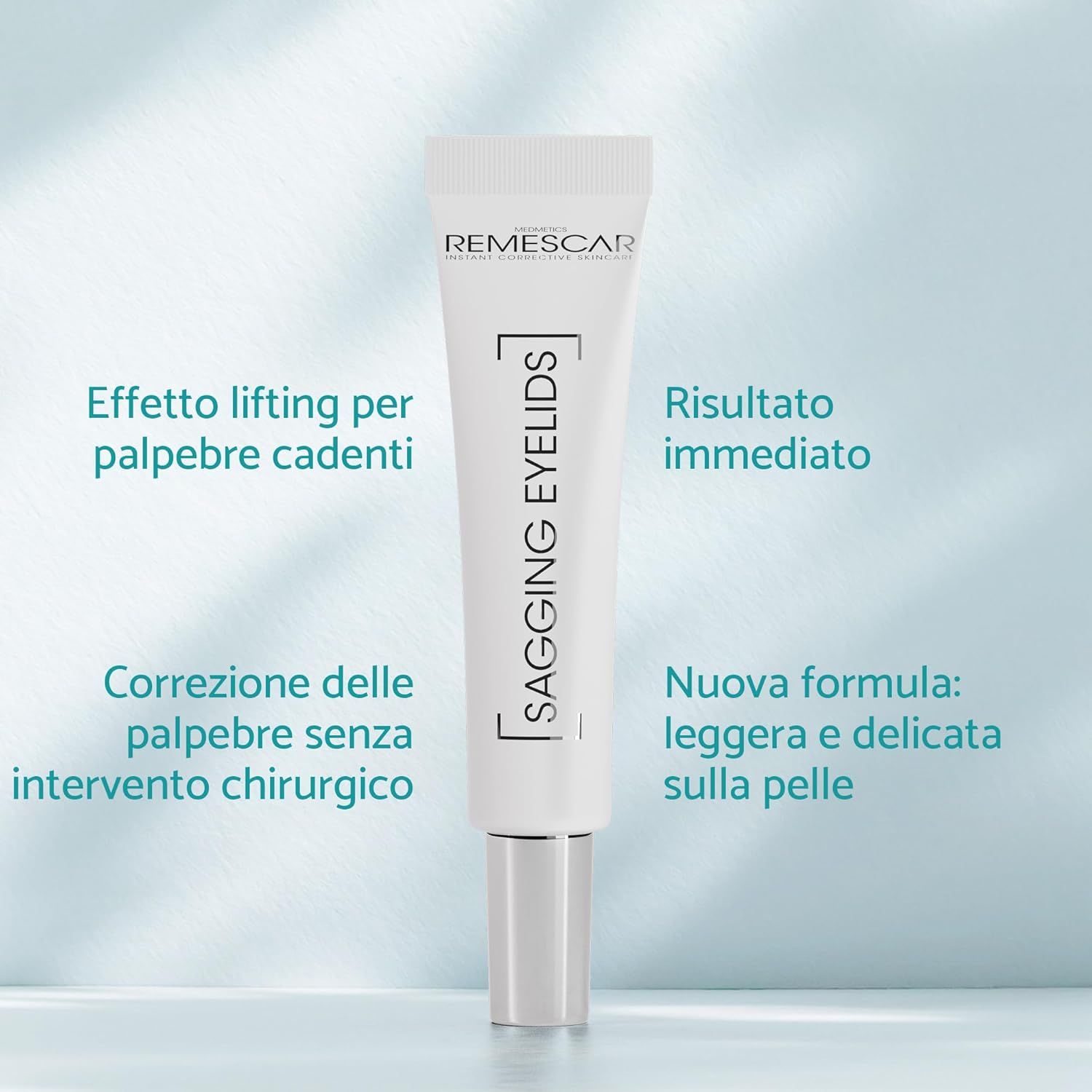 Tubo Remescar Schlupflider Augencreme. Testo: Sagging Eyelids, risultati immediati, nuova formula.