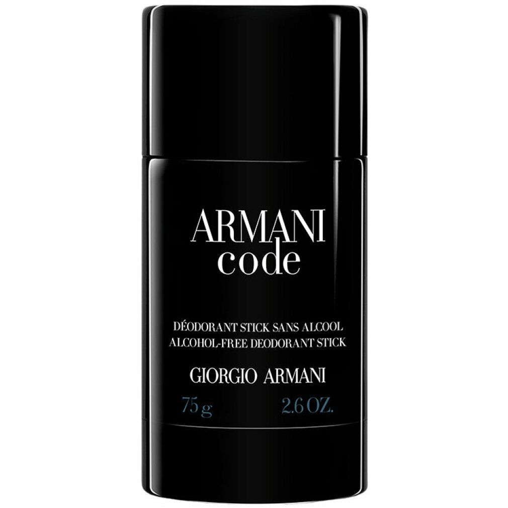 Deodorante stick nero. Scritta: ARMANI code, GIORGIO ARMANI, Deodorant Stick sans alcool, 75 g, 2.6 oz.