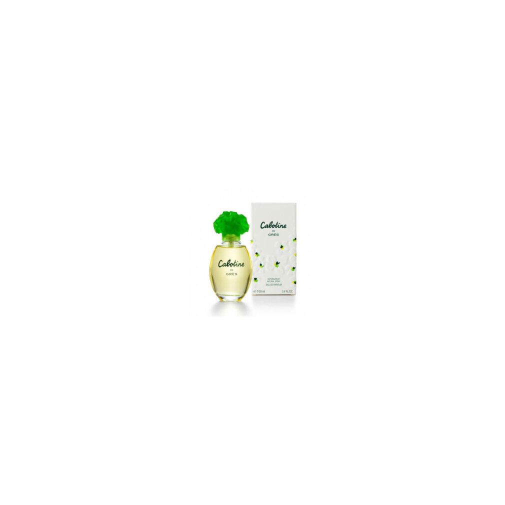Flacone in vetro e scatola. Flacone con tappo verde a forma di fiore. Scatola con scritta: Cabotine.