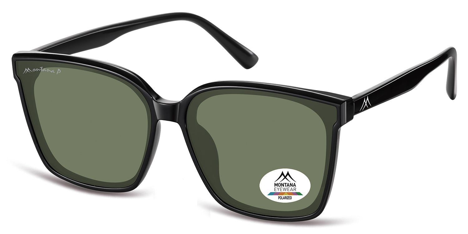 Occhiali da sole neri con lenti verdi. Logo Montana Eyewear sull'asta e sulla lente. Lenti polarizzate.