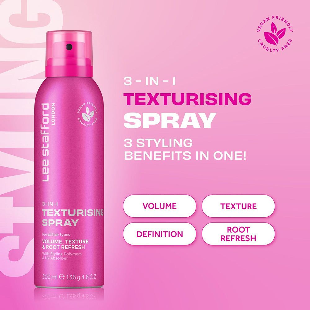 Lee Stafford 3-in-1 Texturising Spray, rosa. Caratteristiche: Volume, Texture, Root Refresh.