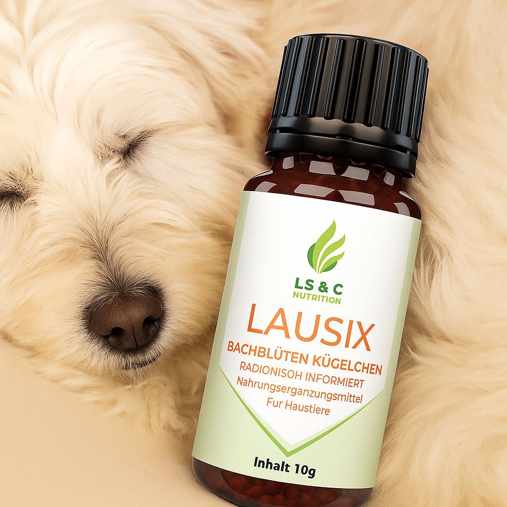 Flacone in vetro marrone con tappo nero accanto a un cane bianco addormentato. Etichetta: LAUSIX, granuli di fiori di Bach, mangime complementare per animali, contenuto 10g.
