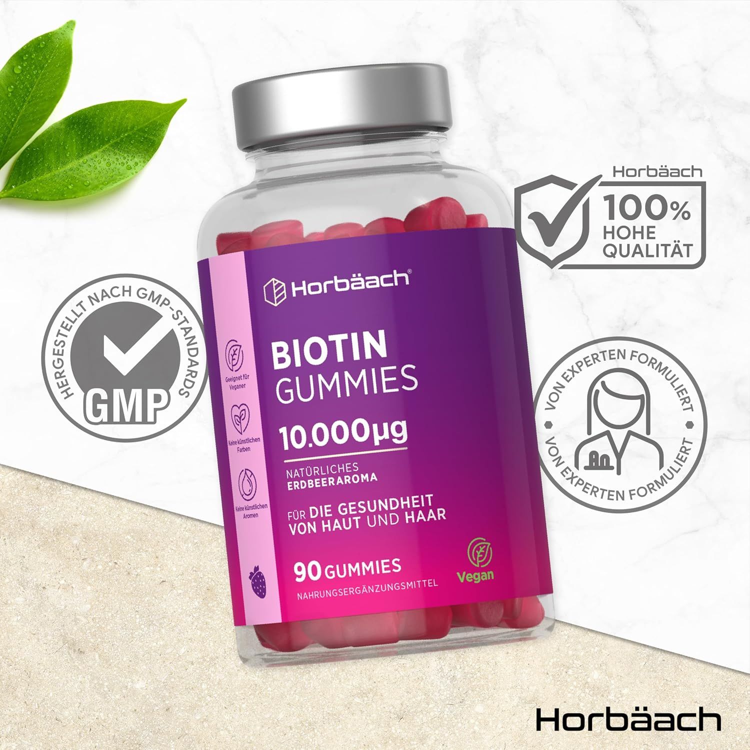 Bottiglia di Biotin Gummies. Orsetti gommosi rossi. Testo: 10.000µg, 90 Gummies, Vegan. Certificazione GMP, alta qualità 100%, formulato da esperti.