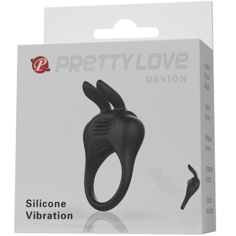 Confezione con anello fallico nero con orecchie da coniglio. Scritta: Pretty Love Davion, Silicone Vibration.