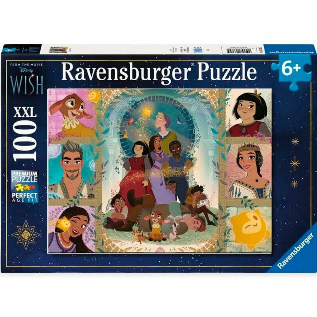 Confezione del puzzle per bambini Disney Wish (100 pezzi). Il puzzle mostra personaggi. Marchio Ravensburger ed età 6+.