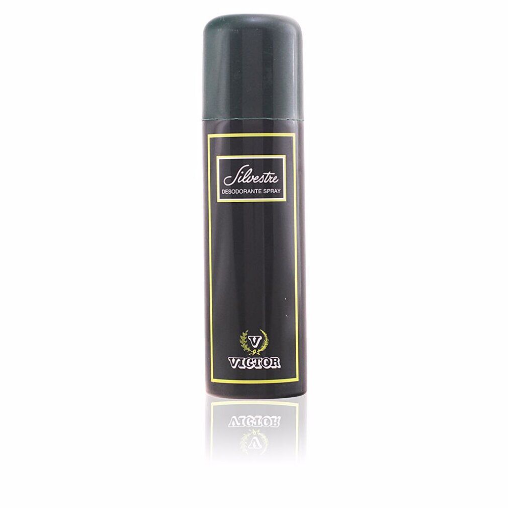 Flacone spray deodorante nero con tappo verde. Scritte "Silvestre" e "Victor".