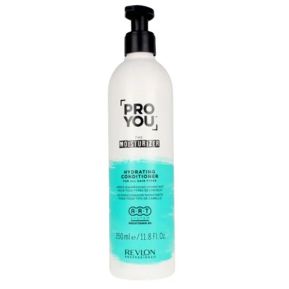 Flacone bianco con dosatore nero. Testo: PRO YOU THE MOISTURIZER, Hydrating Conditioner. Striscia turchese. 350ml/11.8 Fl. Oz. Revlon Professional.