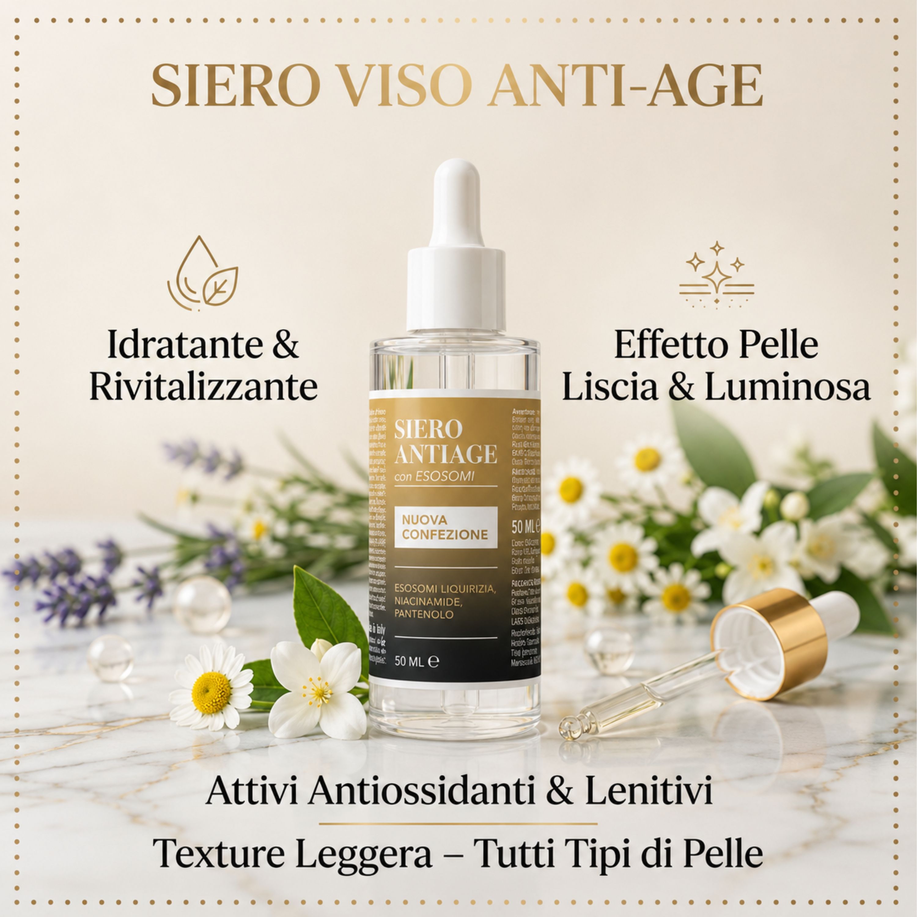 Flacone siero con contagocce. Scritta: Siero Antiage con Esosomi. Con fiori e testo sulle proprietà.