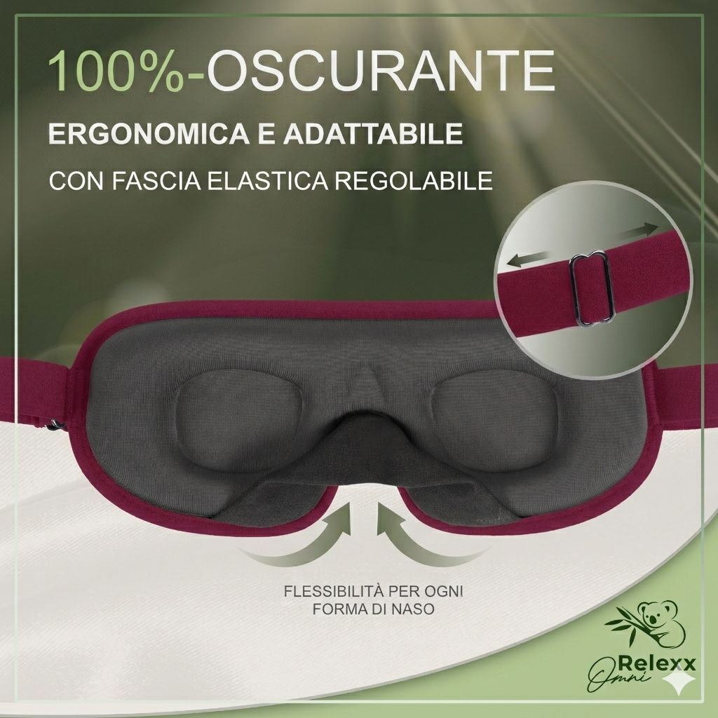 Maschera per dormire bordeaux. Vista interna con fascia elastica regolabile. Testo: "100% oscurante".