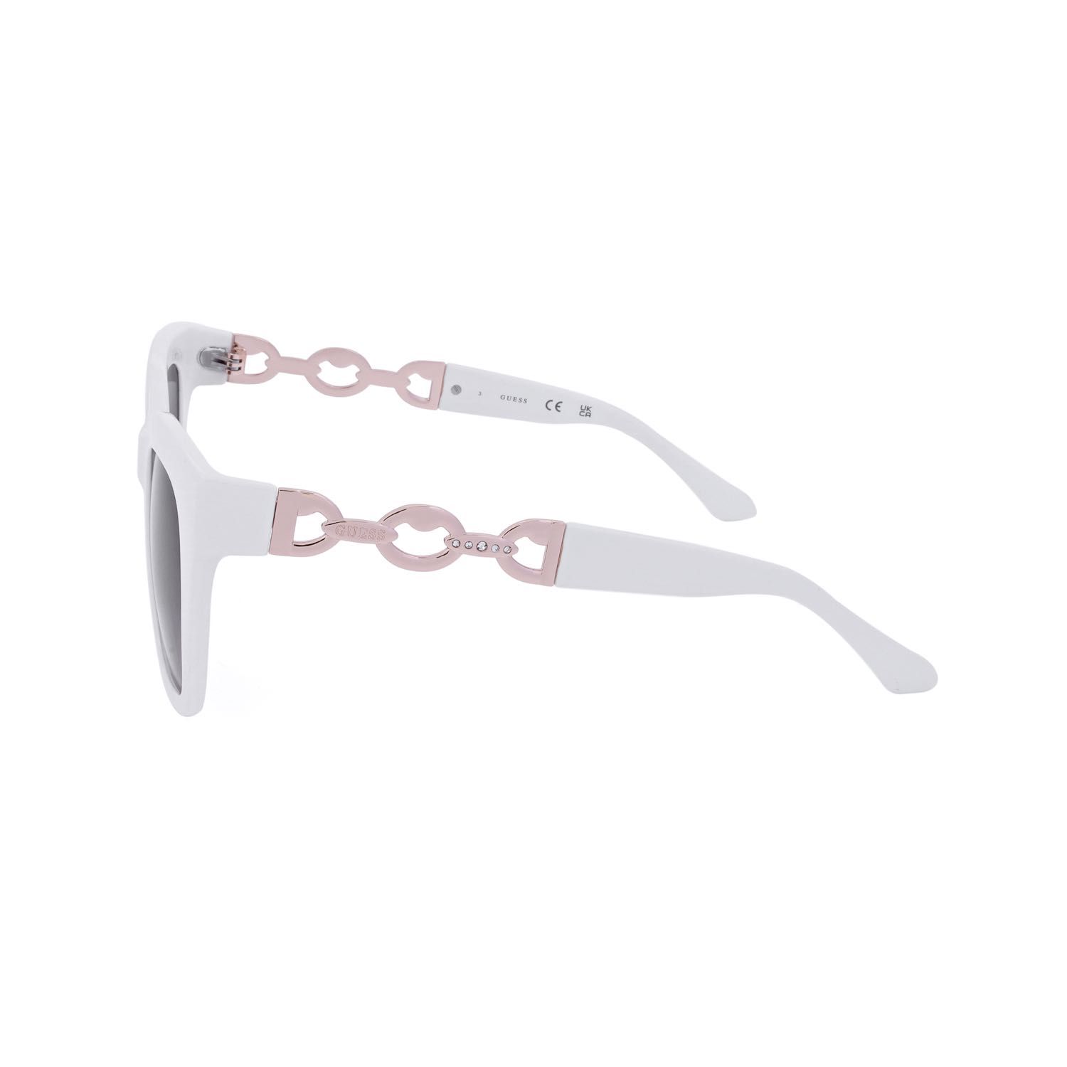 Occhiali da sole bianchi con dettagli a catena color oro rosa e strass sulle aste.