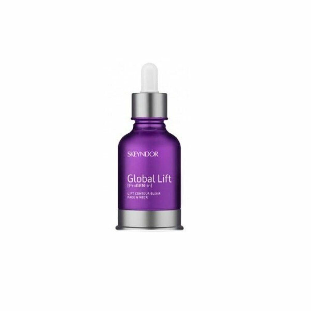 Flacone viola con contagocce. Scritta: Skeyndor, Global Lift, Lift Contour Elixir Face & Neck. Tappo argentato.