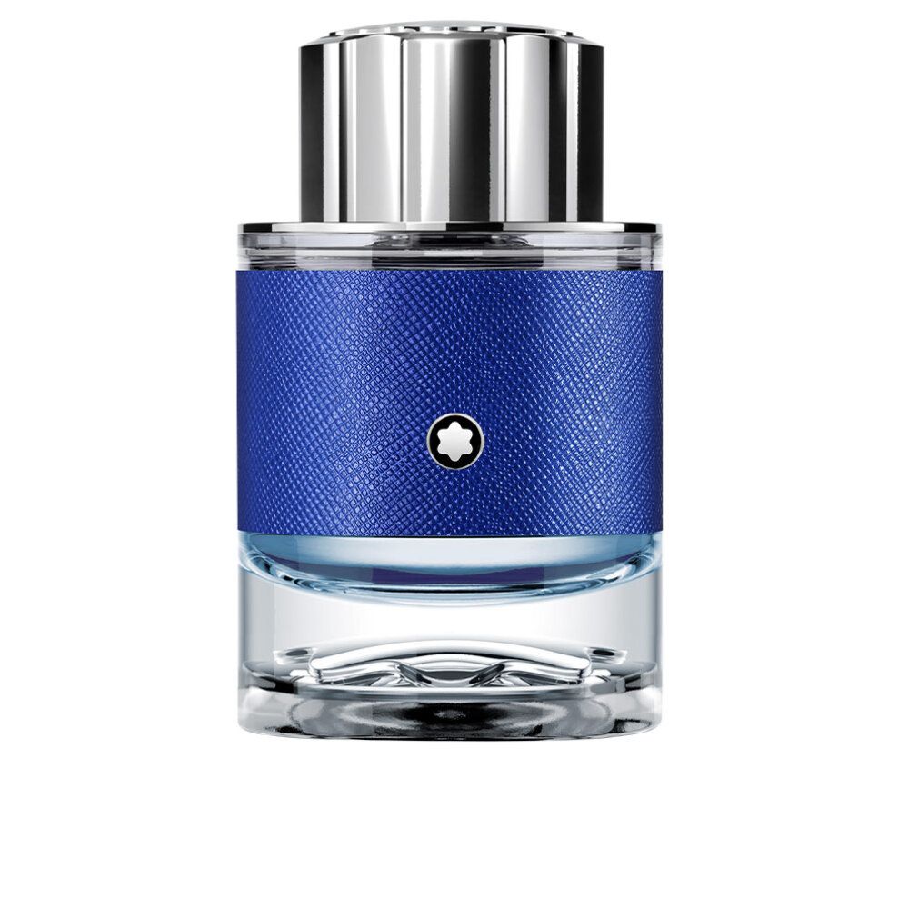 Flacone di vetro blu con tappo argentato. Texture blu attorno al flacone. Logo Montblanc.