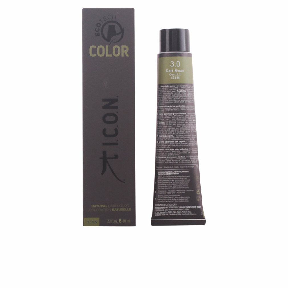Tubo e confezione di tinta per capelli. Tubo con scritta 3.0 Marrone scuro. Confezione con logo e informazioni sul prodotto. I.C.O.N. COLOR.