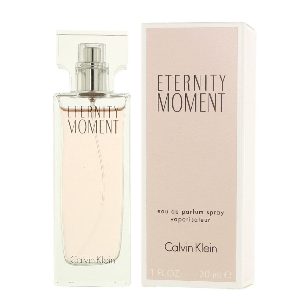 Flacone e confezione. Scritta "Eternity Moment" e "Calvin Klein". Confezione rosa e liquido rosa.