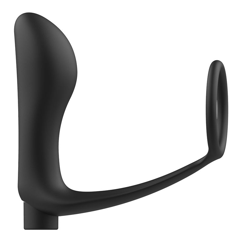 Anello fallico nero con design a plug anale. Progettato per comfort e stimolazione.