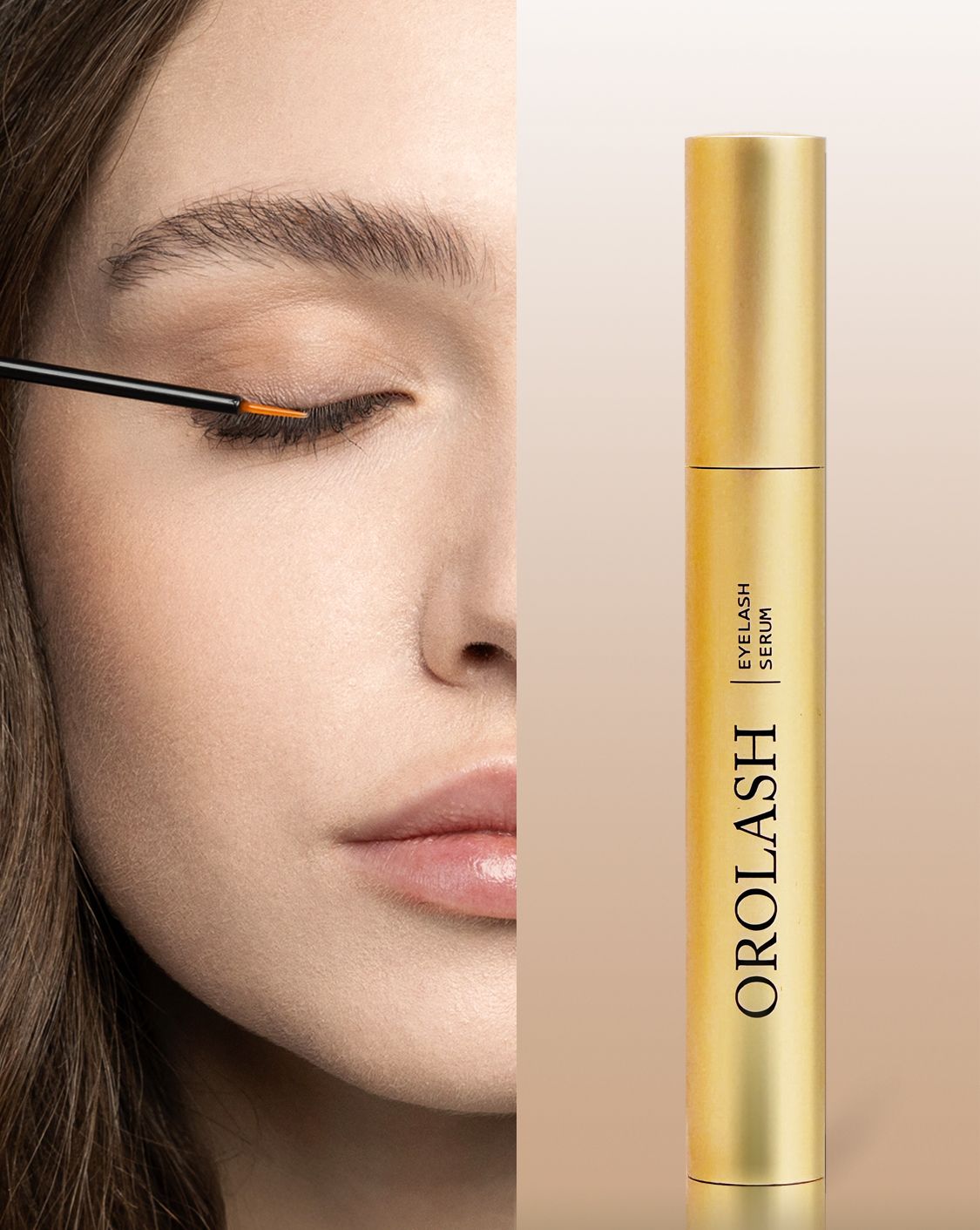 Volto di donna con applicatore che applica il prodotto sulle ciglia. Flacone dorato con nome del prodotto e testo. Nome del prodotto: Orolash Eyelash Serum.