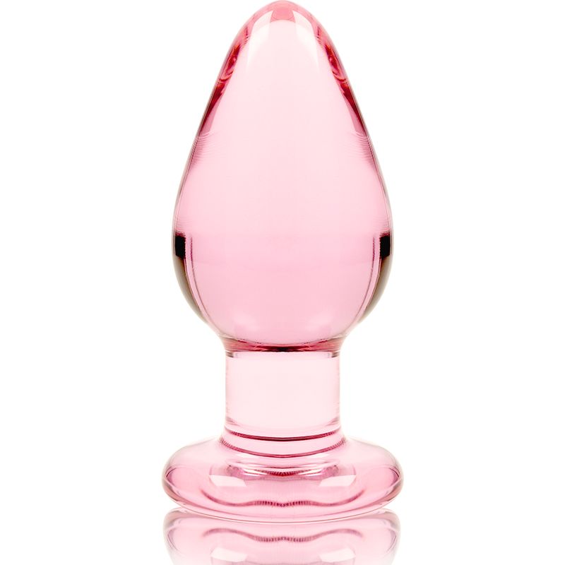 Plug anale in vetro rosa con base larga, lungo 11 cm, largo 5 cm.