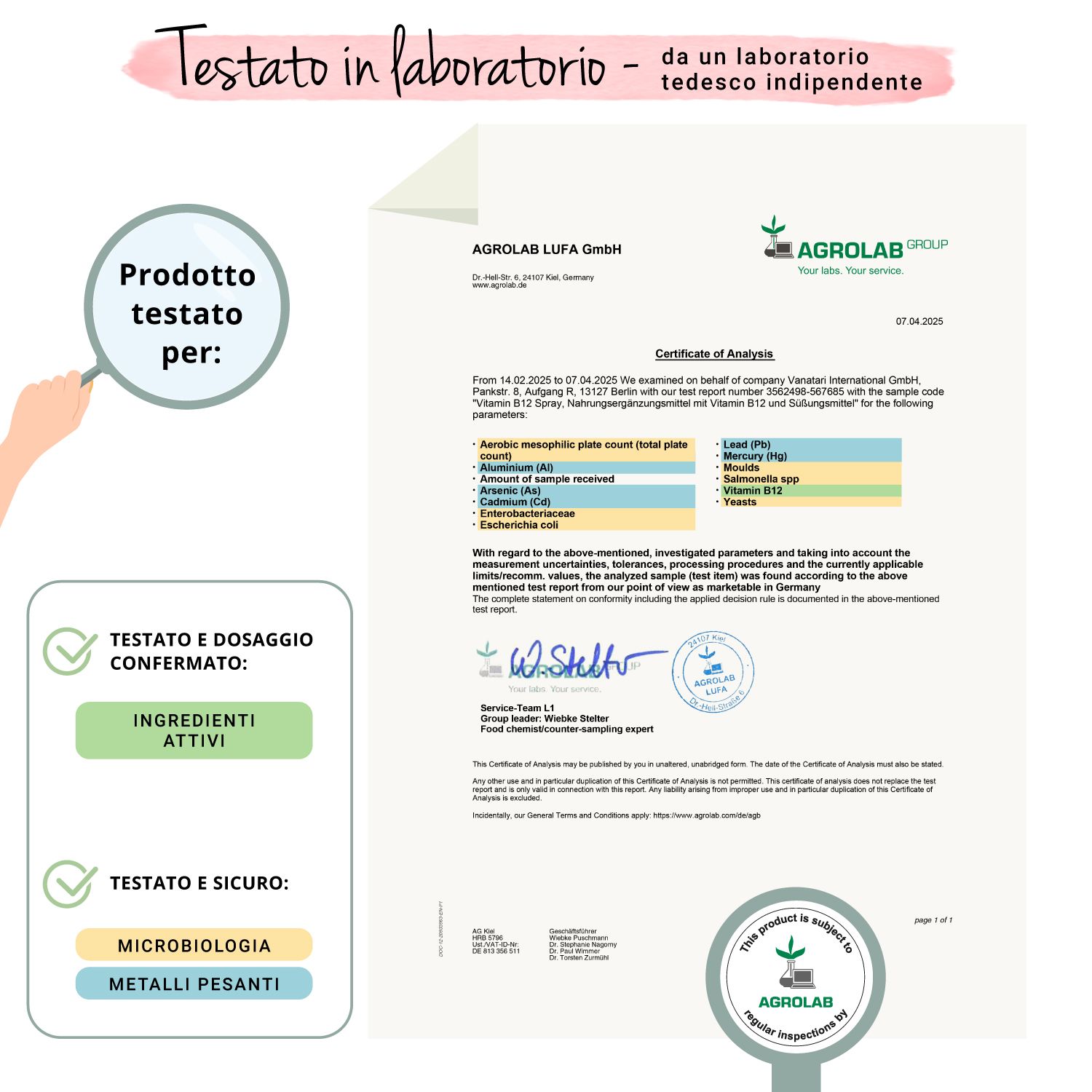 Certificato di laboratorio. Testo: Testato in laboratorio - da un laboratorio tedesco indipendente. Prodotto testato per: Ingredienti attivi. Testato e sicuro: Microbiologia, metalli pesanti.