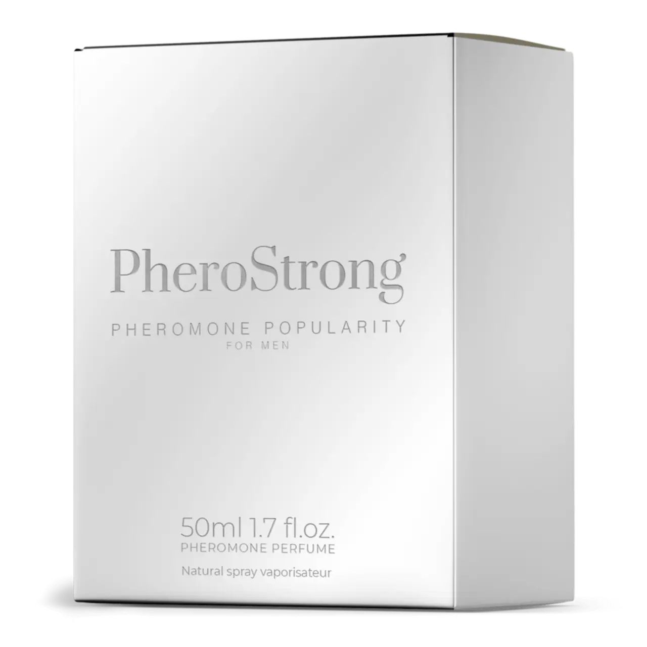 Confezione rettangolare bianca. Scritta: PheroStrong, Pheromone Popularity for Men. 50ml 1.7 fl.oz. Vaporisateur naturel.