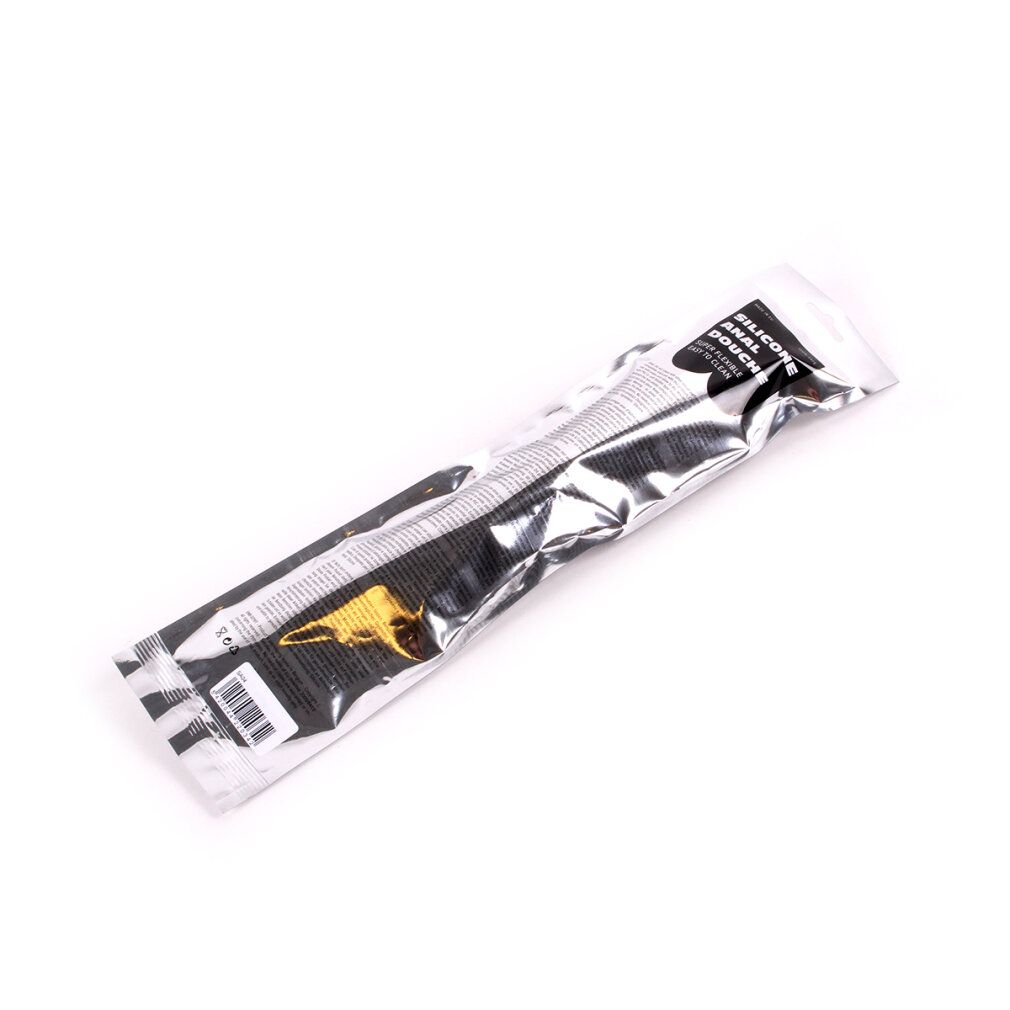 Prodotto nero in confezione trasparente. Scritta bianca sulla confezione: SILICONE ANAL DOUCHE.