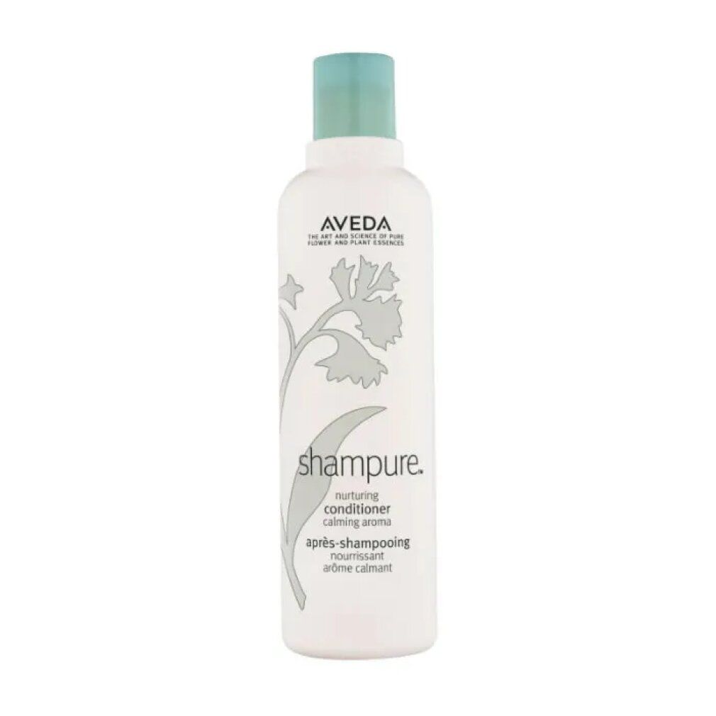 Flacone bianco con tappo blu. Scritta Aveda, Shampure, Nurturing Conditioner. Design floreale.