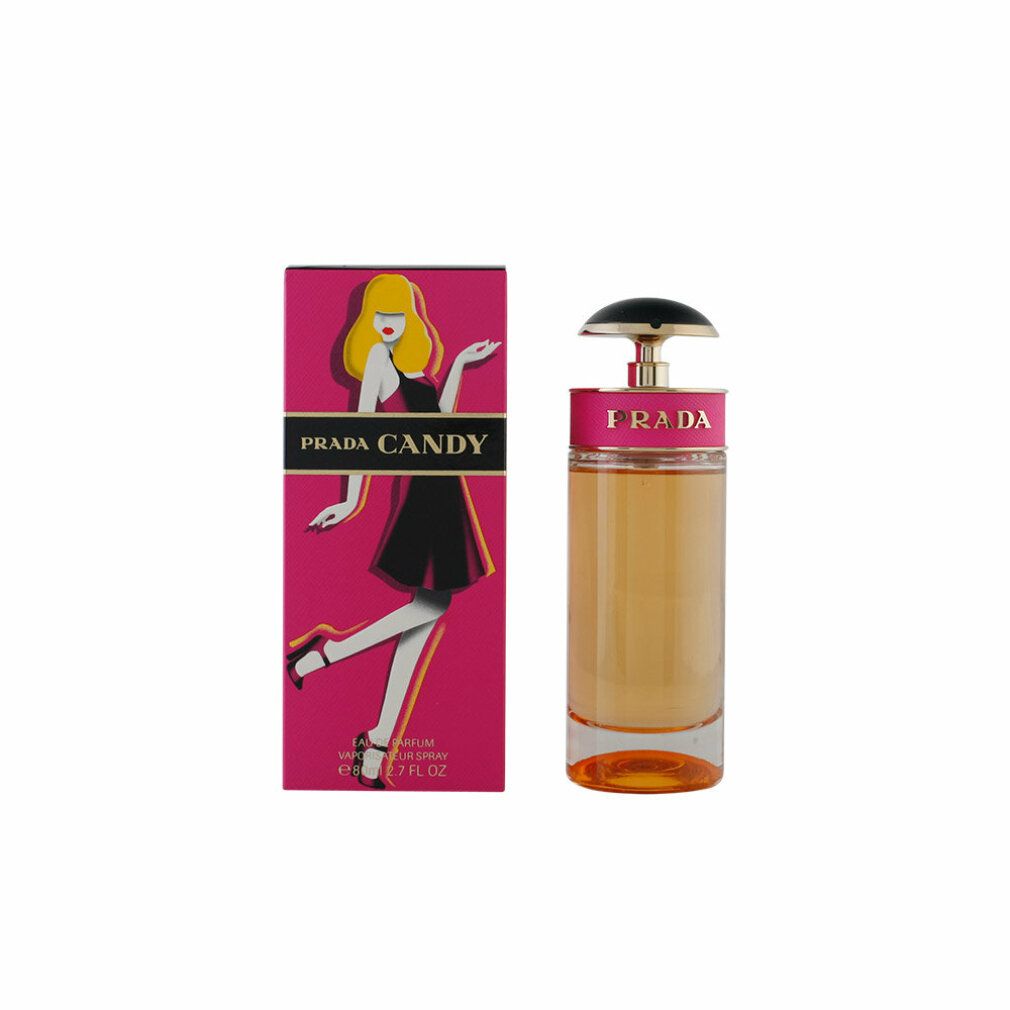 Scatola e flacone rosa. Sulla scatola: Prada Candy, donna in nero. Flacone: fascia rosa, tappo nero.